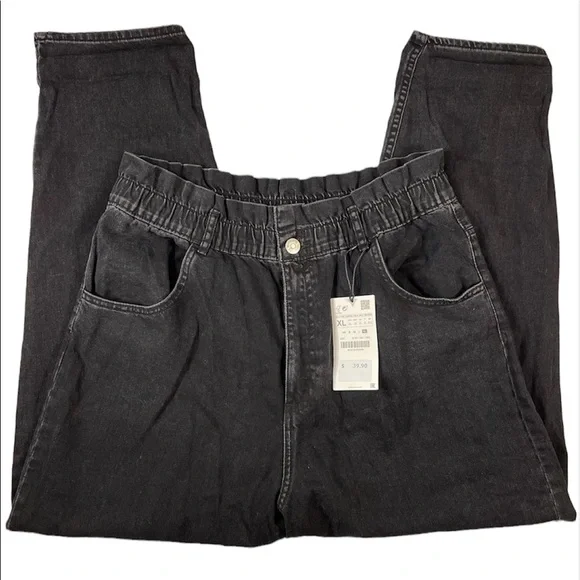 NWT Zara Black Elastic Paper Bag Waist Ultra High Rise 100% Cotton Jeans Size XL - Picture 5 of 16